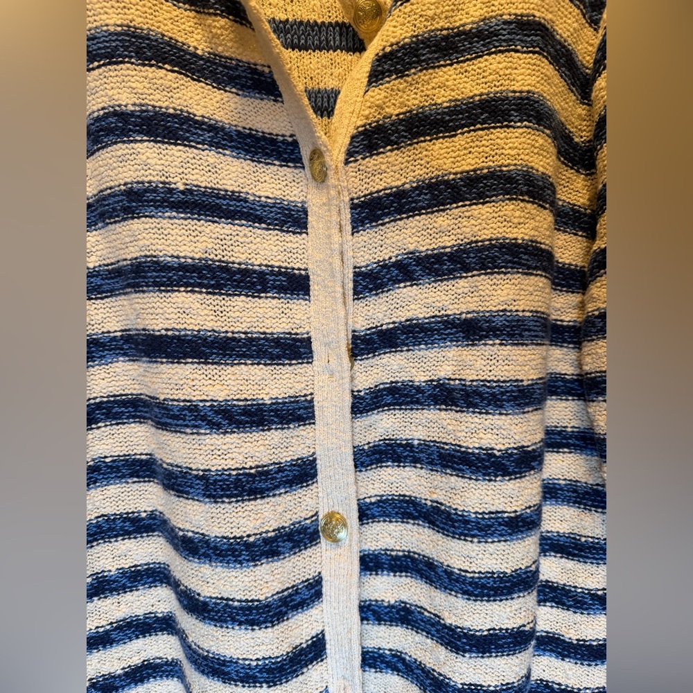 J. Crew Women Striped Slub Cotton-blend Cardigan Sweater Beige Navy Blue XXL - Picture 4 of 10